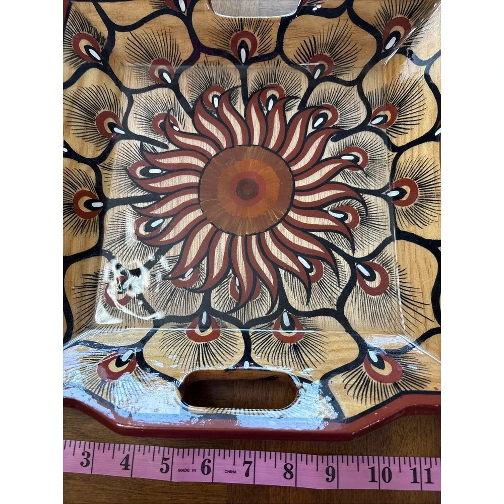 Handmade Wooden Tray With All Side Handles  12x12x 3 Inch Zihuatanejo Mexico
